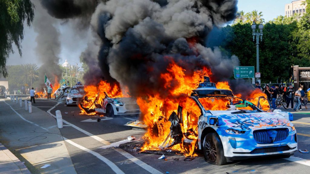 Waymo Vehicles Set Ablaze Amid L.A. Protests